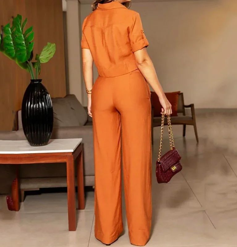 Conjunto 2 Peças Camisa de Botão com Cinto e Calça Pantalona