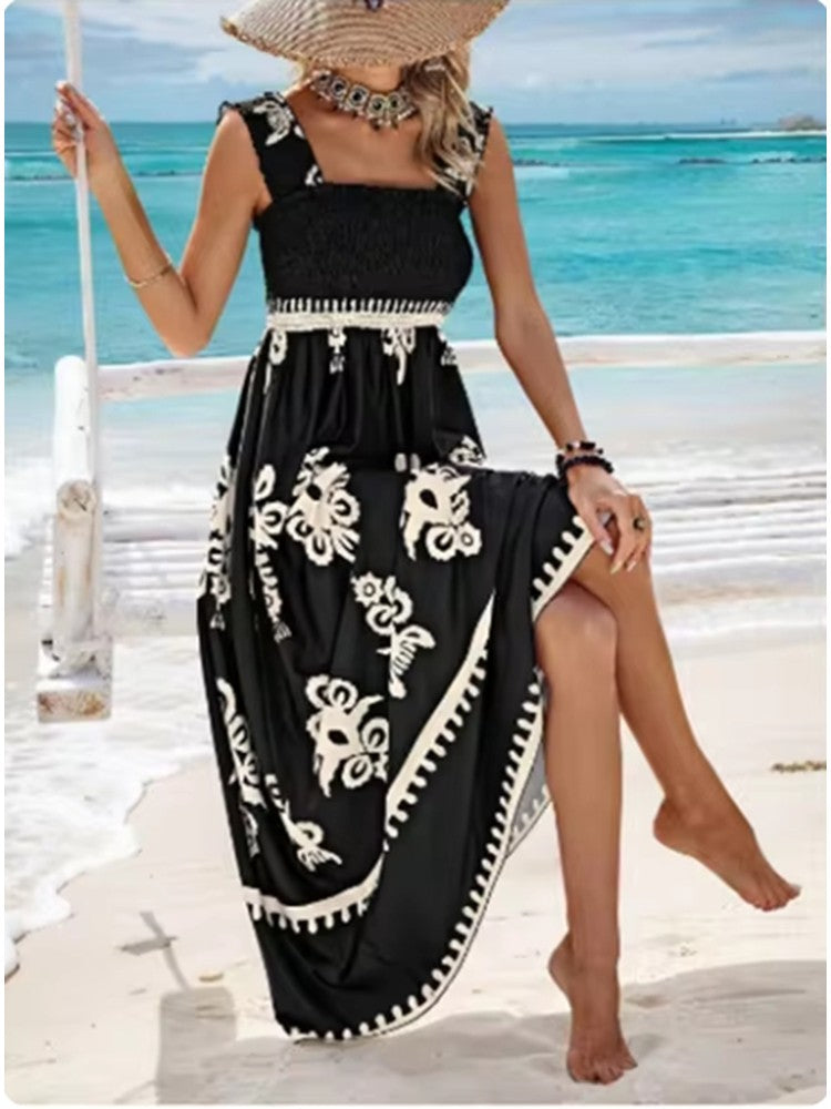Vestido Estampado Sem Mangas com Gola Quadrada