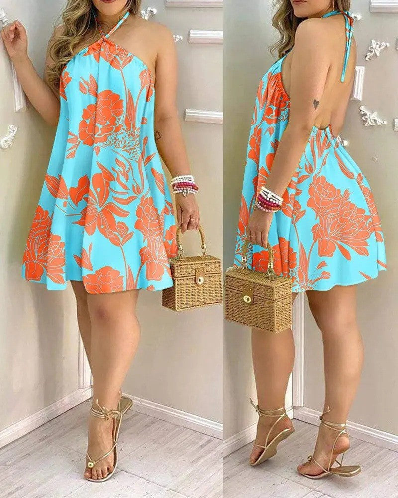 Vestido Halter Estampa Tropical Sem Costas