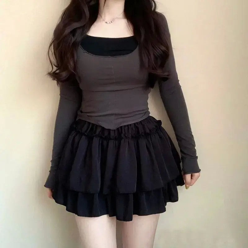 Minissaia de Chiffon com Babados e Cintura Alta Elástica