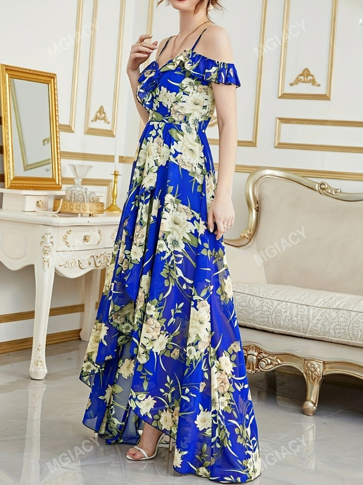 Vestido Longo Floral Ombro a Ombro com Barra Assimétrica