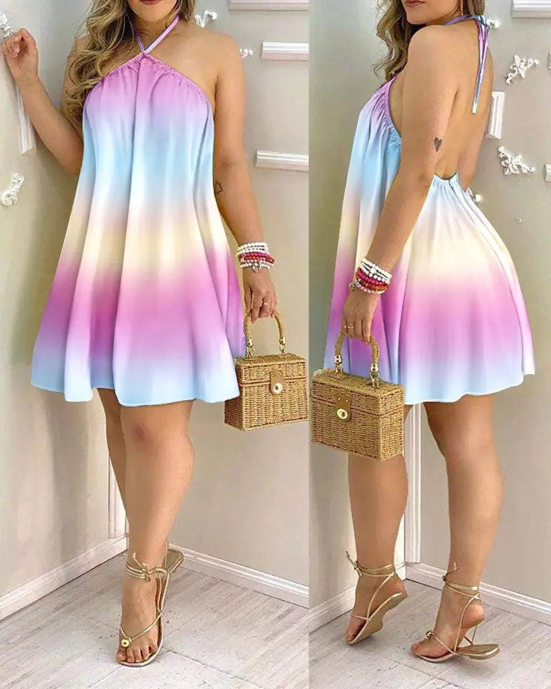 Vestido Halter Estampa Tropical Sem Costas
