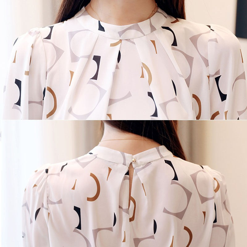 Blusa feminina de verão em chiffon estampado, meia manga bufante, gola clássica