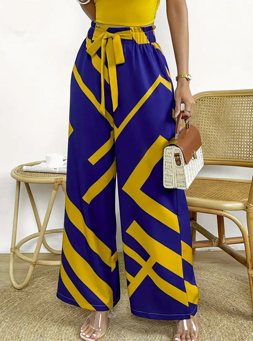 Calça Solta Estampada de Perna Larga com Cintura Alta