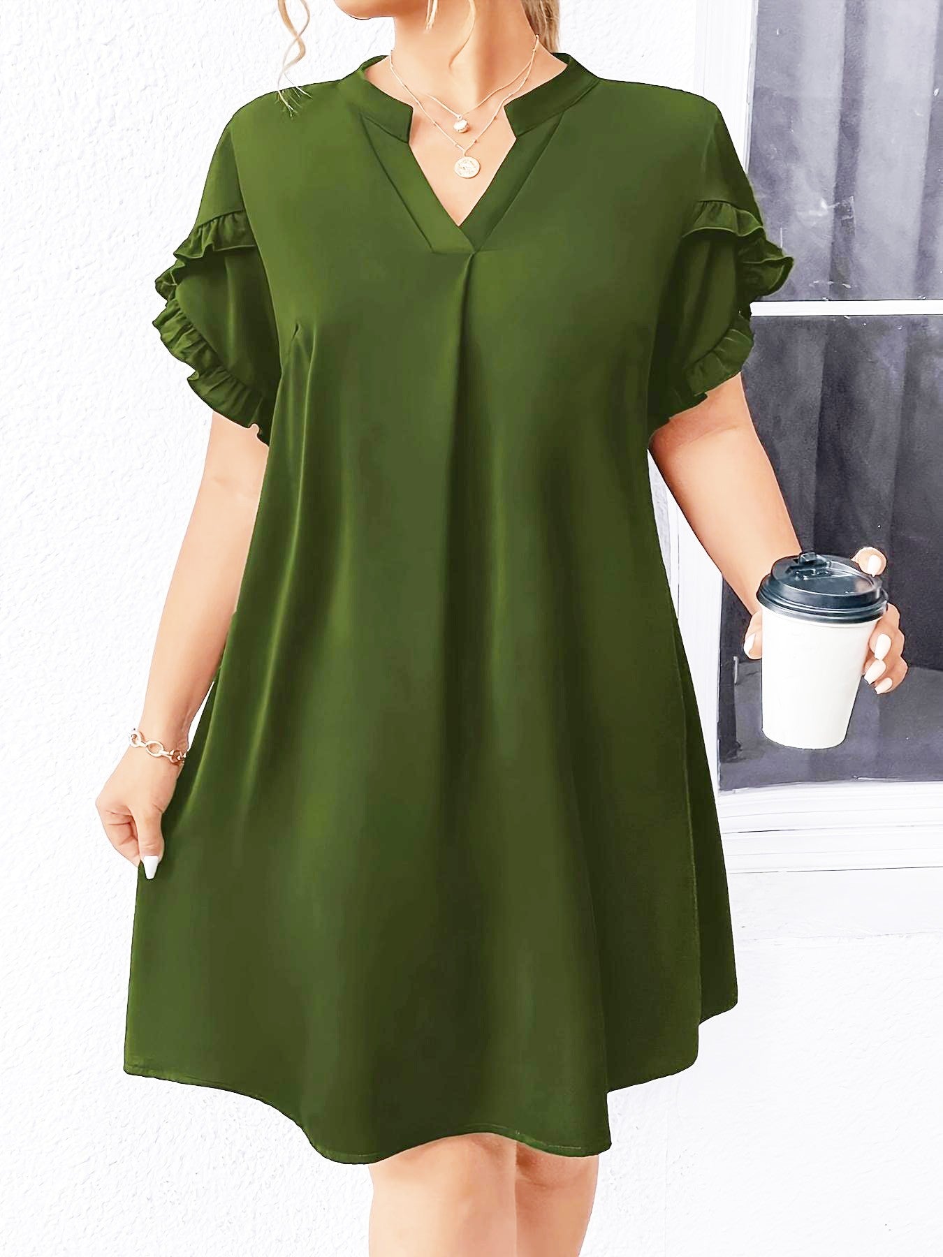 Vestido Solto com Decote V e Manga Folha de Lótus