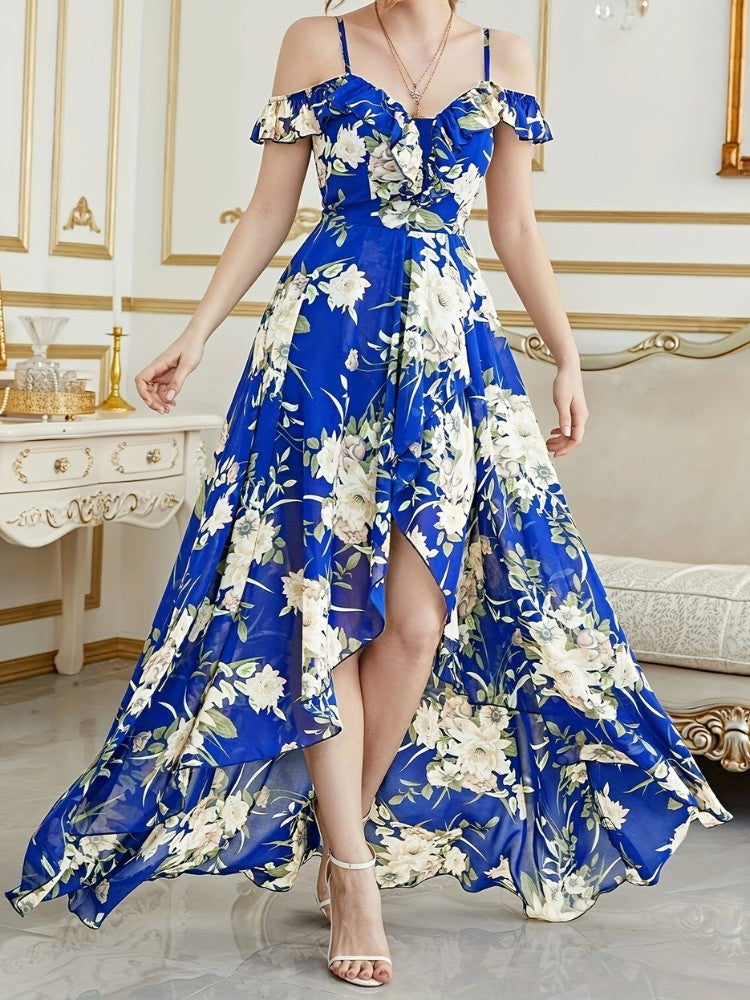 Vestido Longo Floral Ombro a Ombro com Barra Assimétrica
