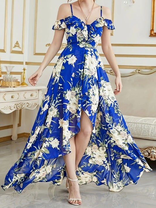 Vestido Longo Floral Ombro a Ombro com Barra Assimétrica