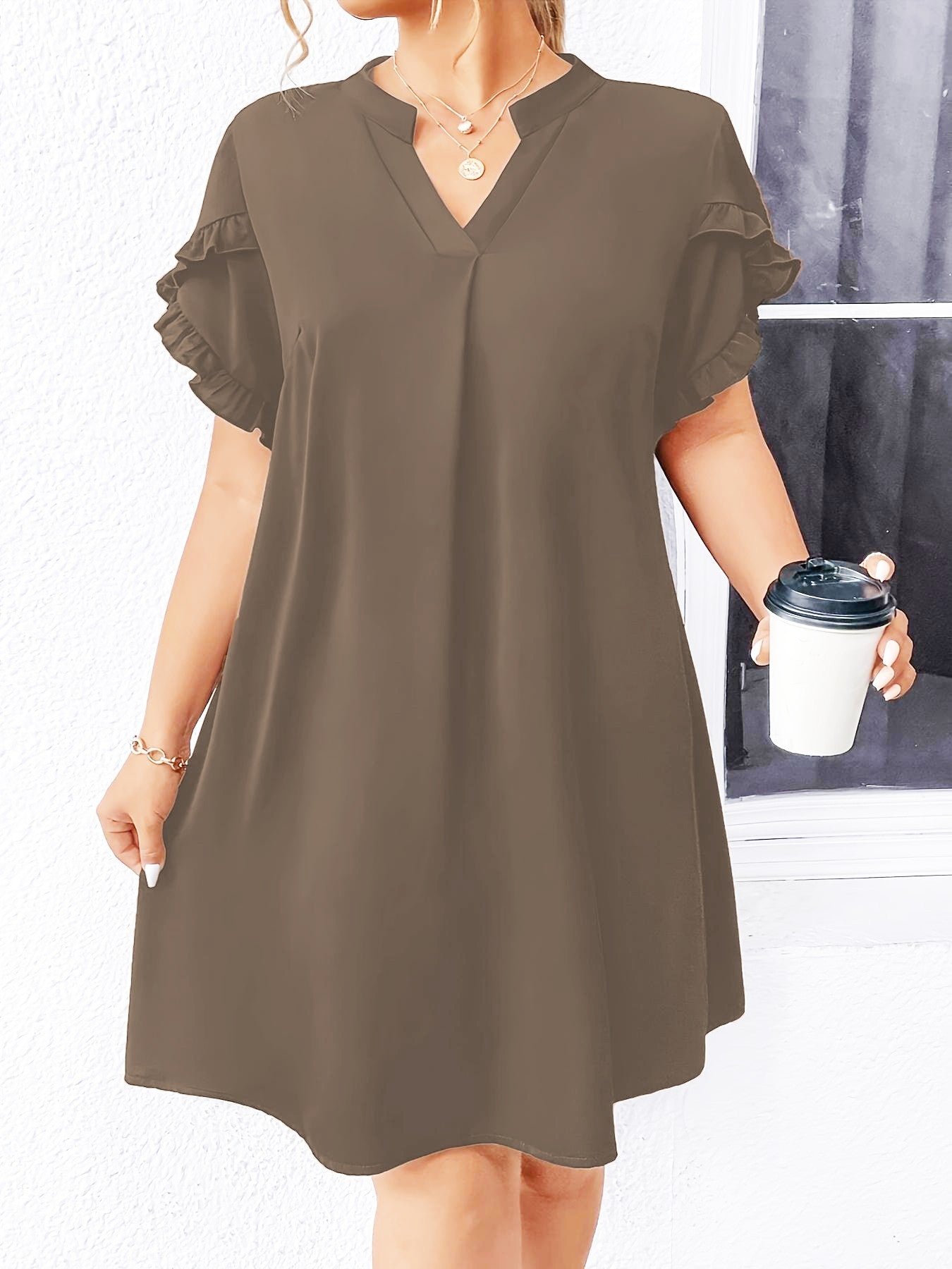 Vestido Solto com Decote V e Manga Folha de Lótus