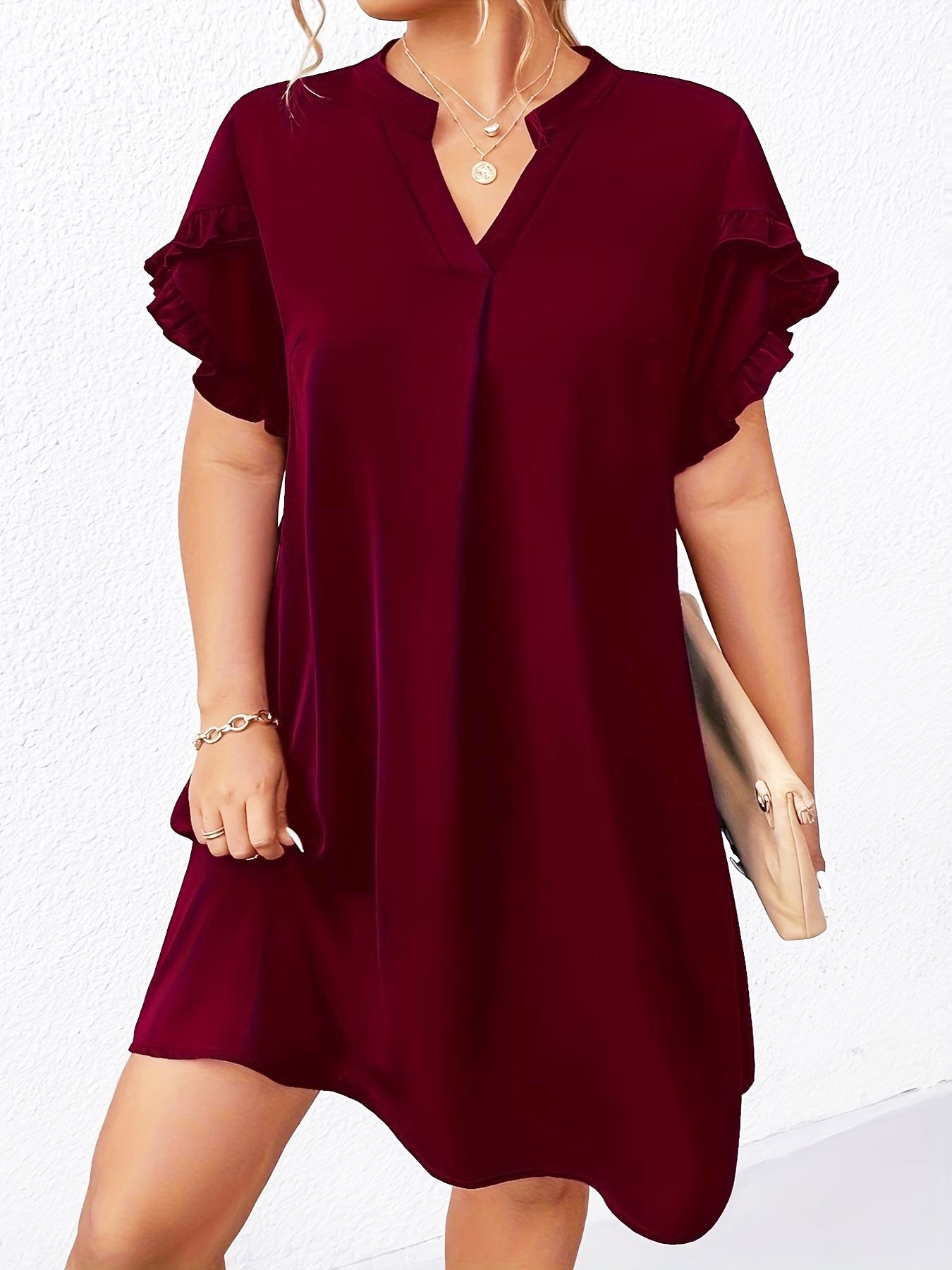 Vestido Solto com Decote V e Manga Folha de Lótus