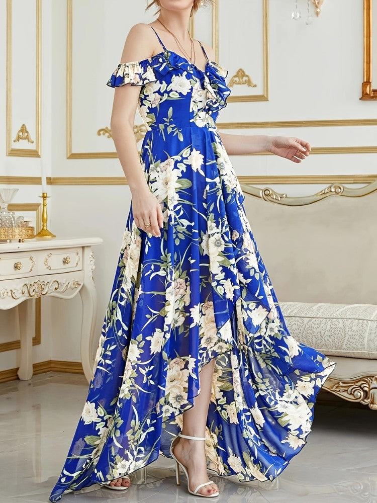 Vestido Longo Floral Ombro a Ombro com Barra Assimétrica