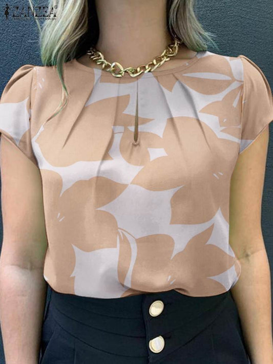 Blusa Plissada Floral com Manga Curta