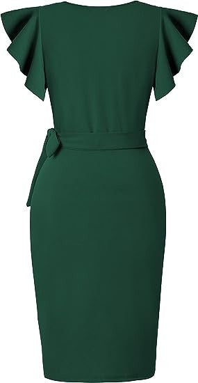 Vestido Bodycon com Decote V e Manga Pétala