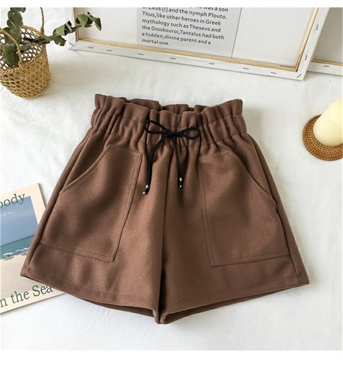 Short de lã feminino, cintura alta