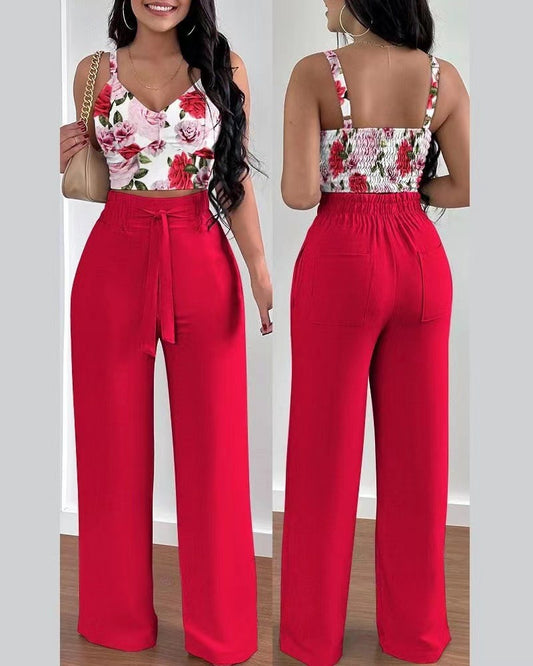 Conjunto Top Cropped Shirred e Calça de Renda Pantalona