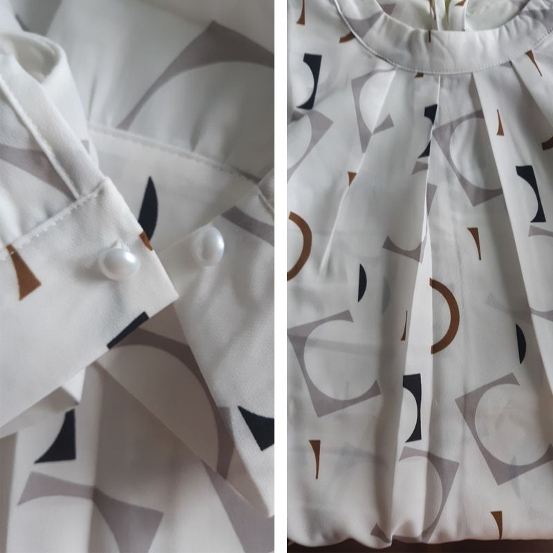 Blusa feminina de verão em chiffon estampado, meia manga bufante, gola clássica