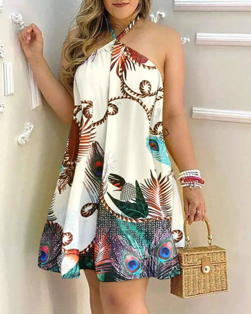 Vestido Halter Estampa Tropical Sem Costas