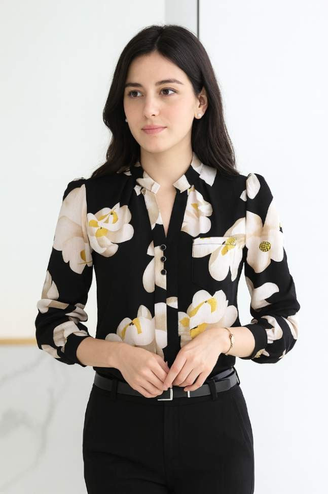 Blusa feminina chiffon estampada, manga longa, decote em V, modelagem slim