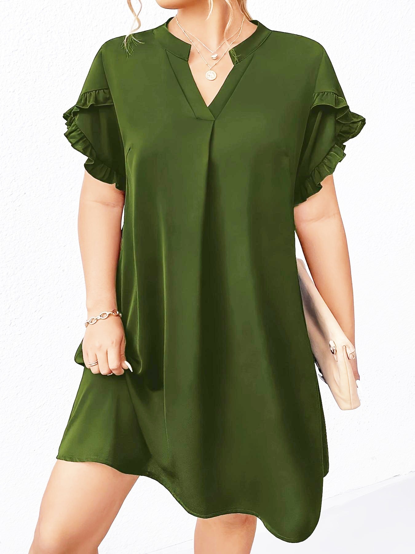 Vestido Solto com Decote V e Manga Folha de Lótus