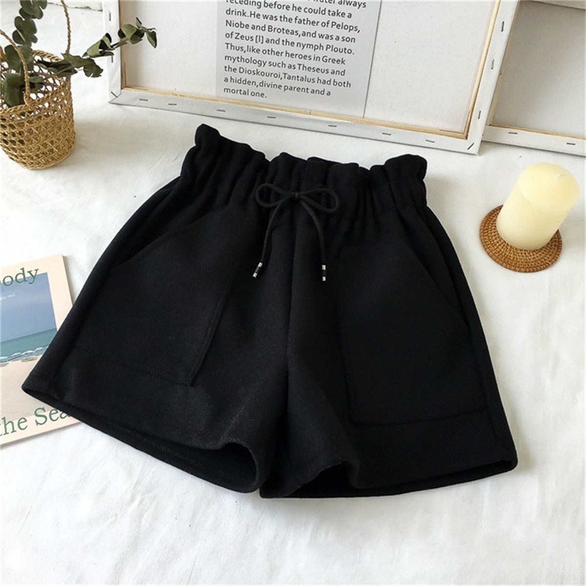 Short de lã feminino, cintura alta