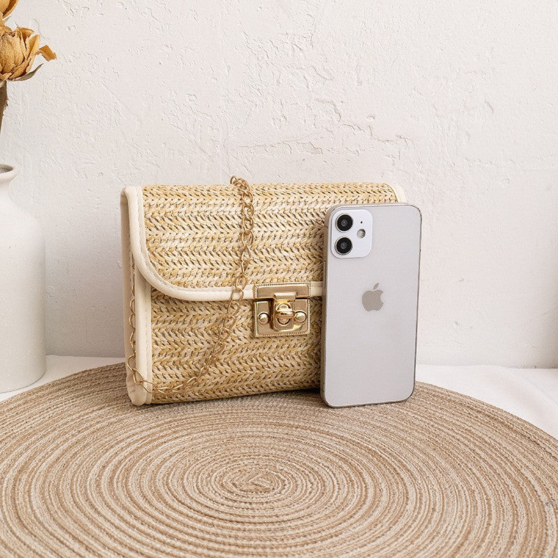 Bolsa feminina pequena de palha, estilo quadrado, ideal para celular