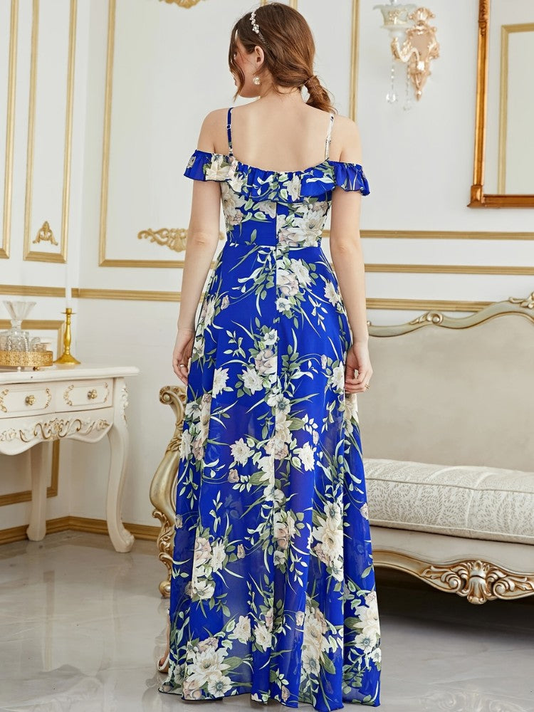 Vestido Longo Floral Ombro a Ombro com Barra Assimétrica