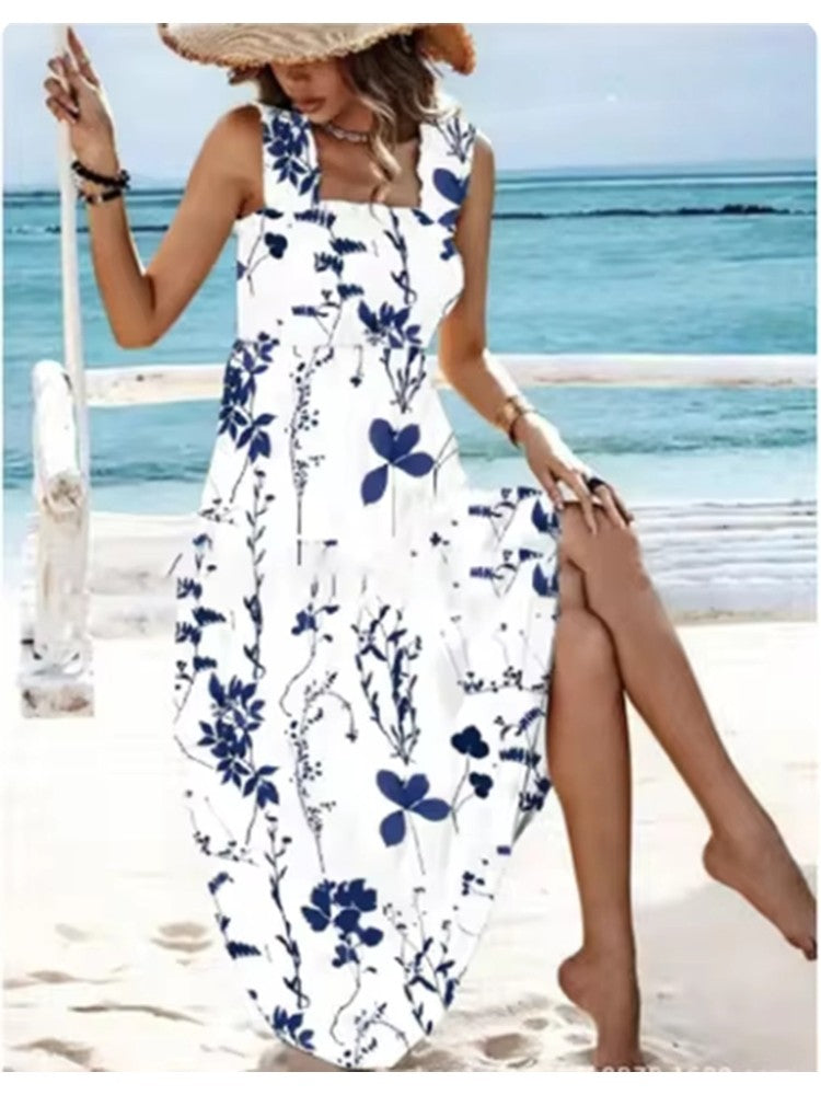 Vestido Estampado Sem Mangas com Gola Quadrada