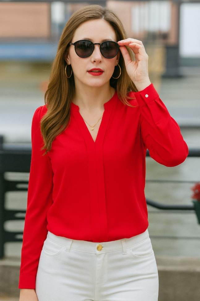 Blusa Chiffon Manga Longa Decote V