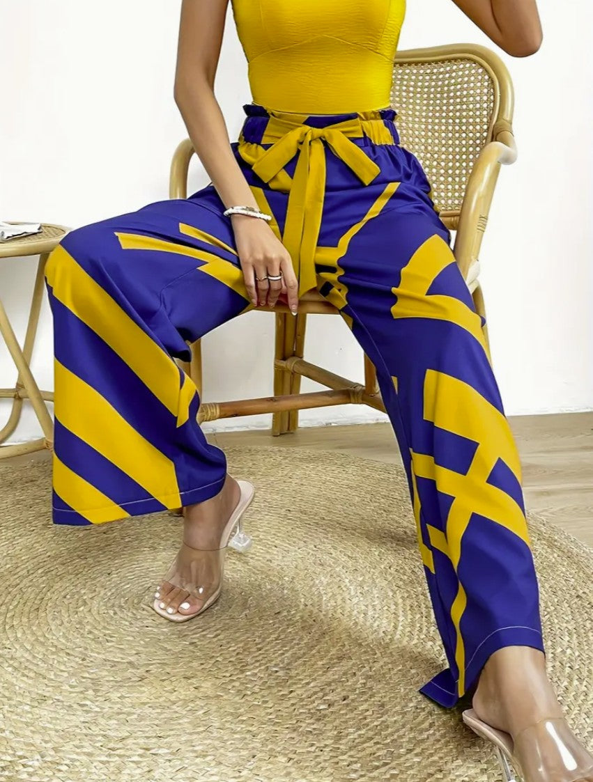 Calça Solta Estampada de Perna Larga com Cintura Alta