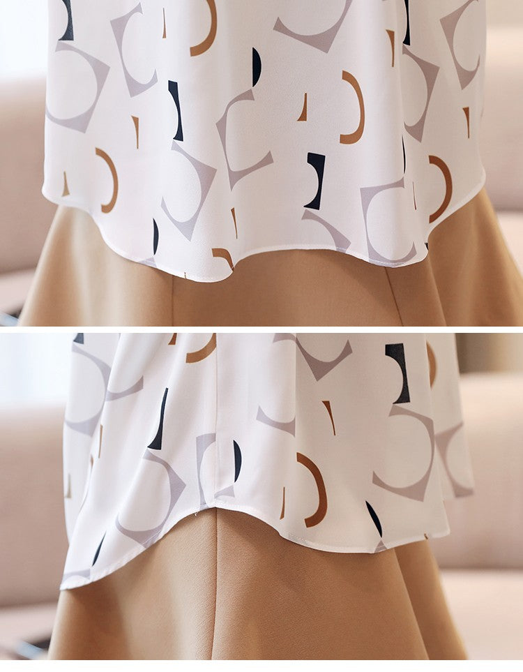 Blusa feminina de verão em chiffon estampado, meia manga bufante, gola clássica