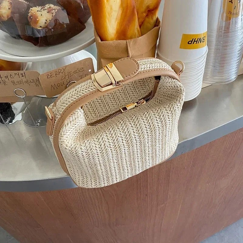 Bolsa feminina pequena de palha, estilo balde, tote e tiracolo