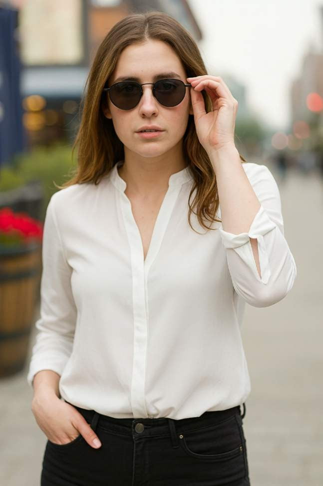 Blusa Chiffon Manga Longa Decote V