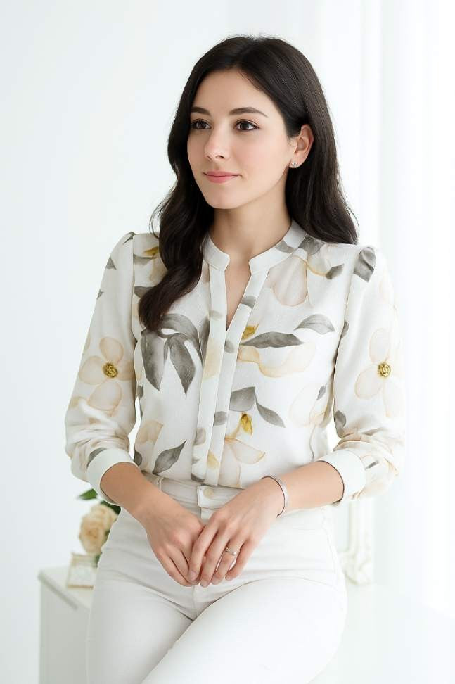 Blusa feminina chiffon estampada, manga longa, decote em V, modelagem slim