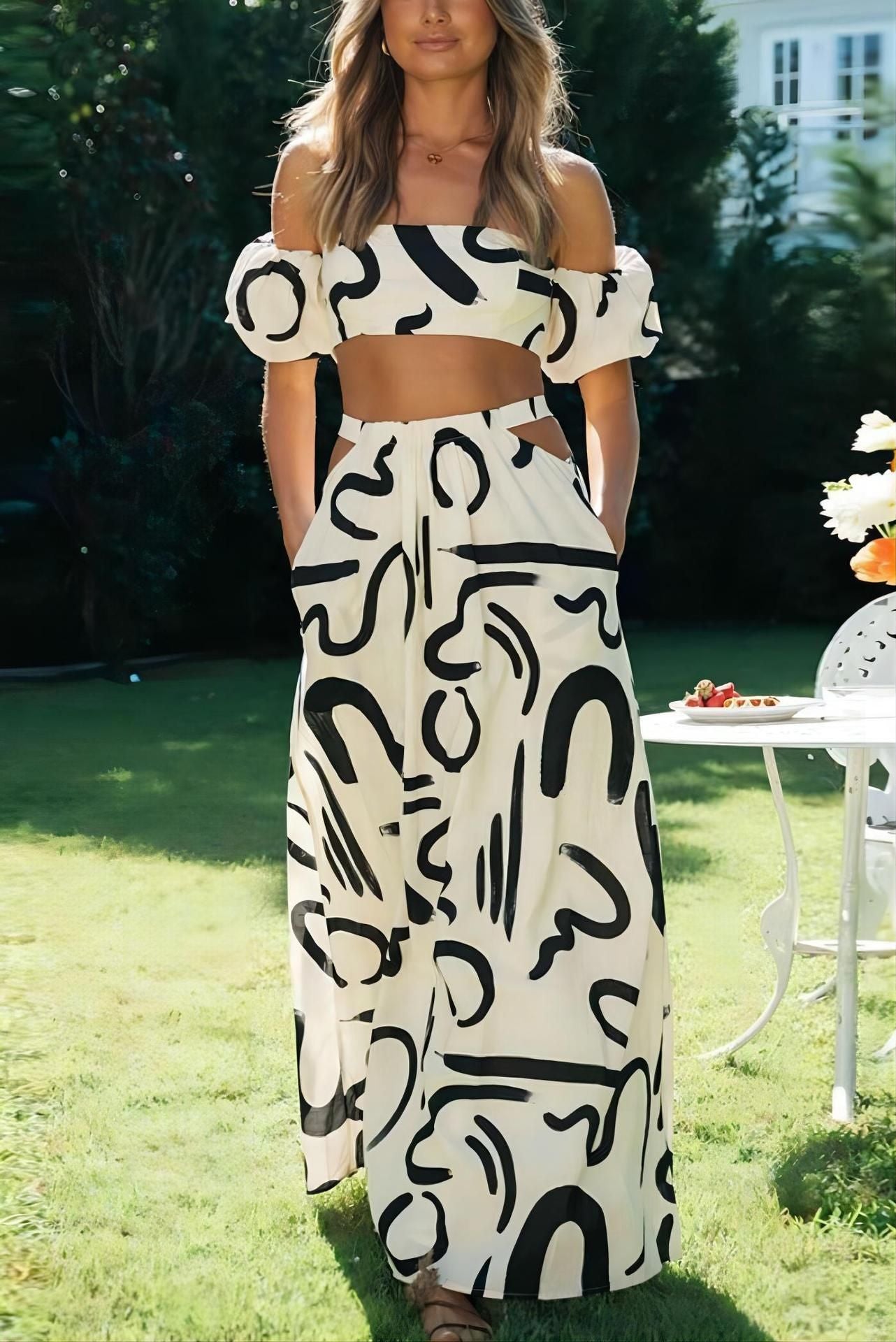 Conjunto feminino de duas peças, top cropped com manga bufante e zíper, saia com cintura vazada e barra ampla