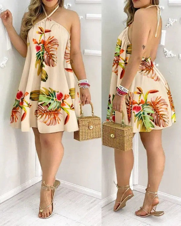 Vestido Halter Estampa Tropical Sem Costas