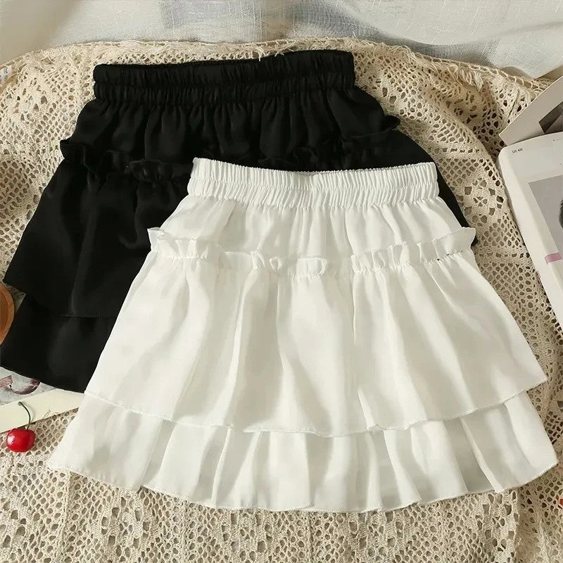 Minissaia de Chiffon com Babados e Cintura Alta Elástica