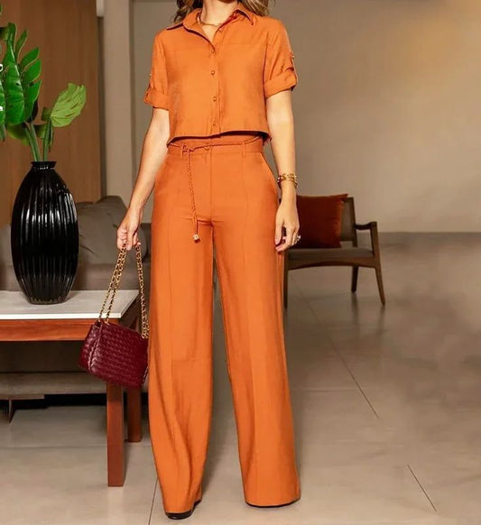 Conjunto 2 Peças Camisa de Botão com Cinto e Calça Pantalona