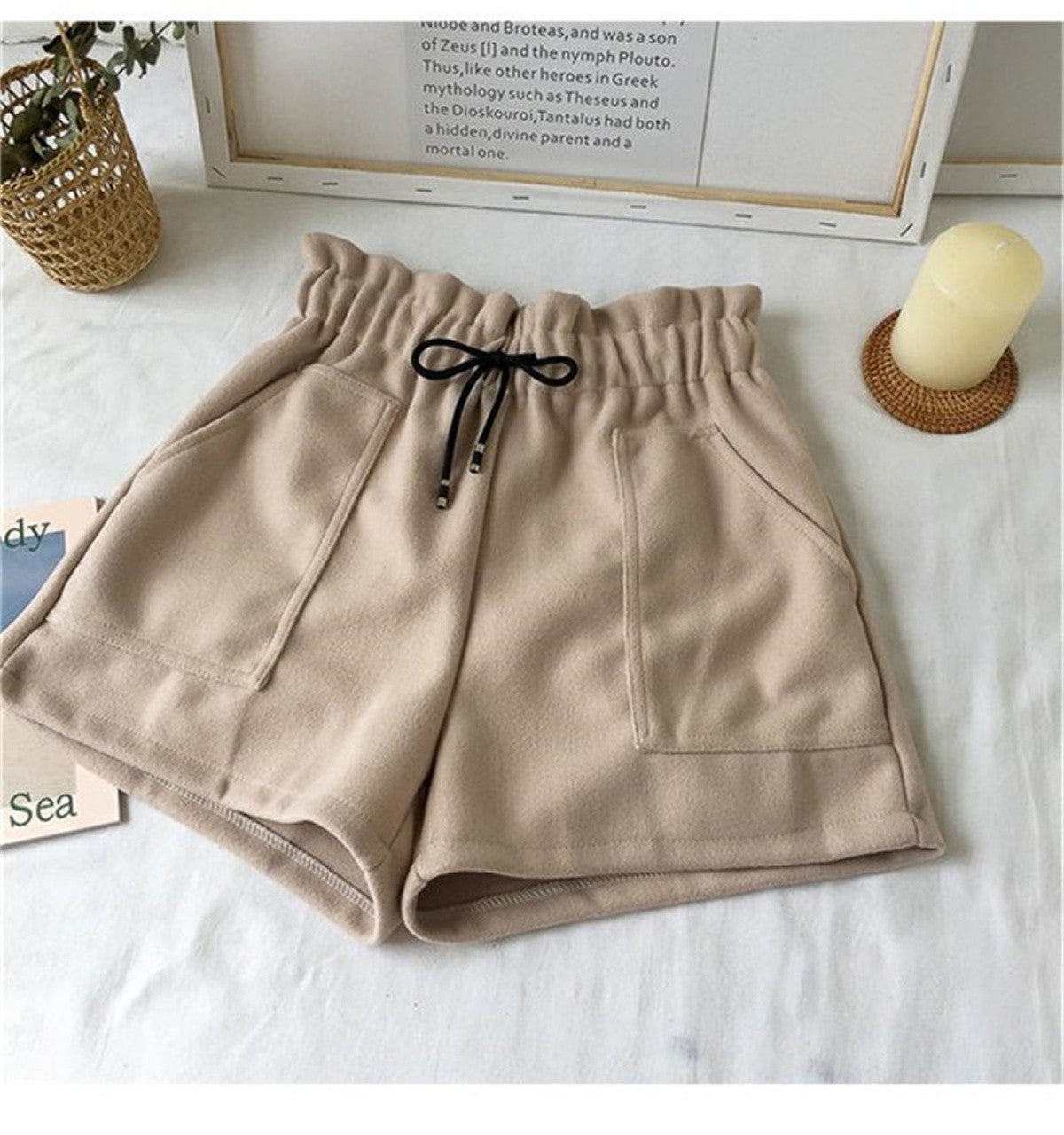 Short de lã feminino, cintura alta
