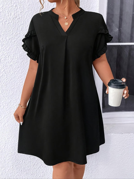 Vestido Solto com Decote V e Manga Folha de Lótus