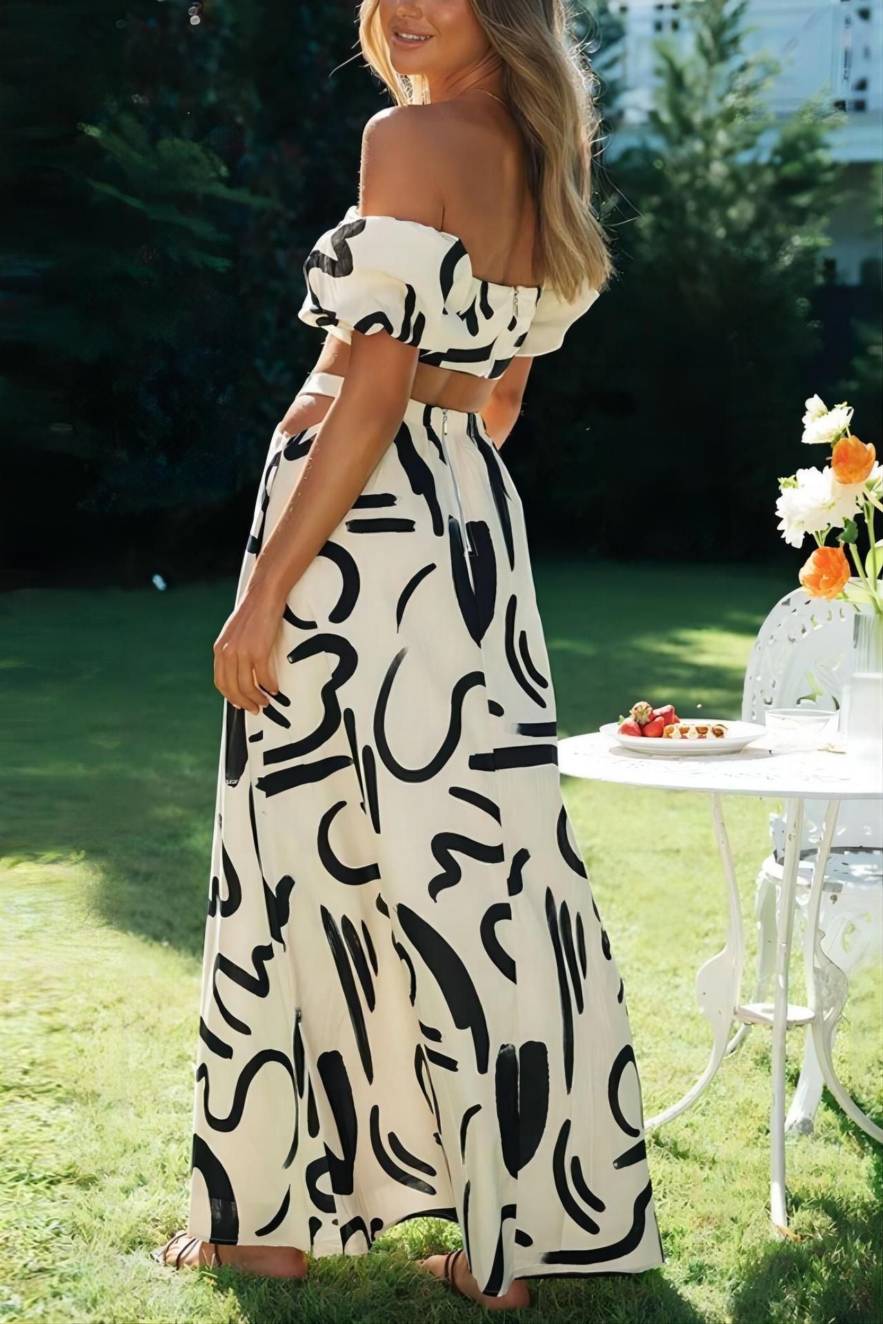 Conjunto feminino de duas peças, top cropped com manga bufante e zíper, saia com cintura vazada e barra ampla