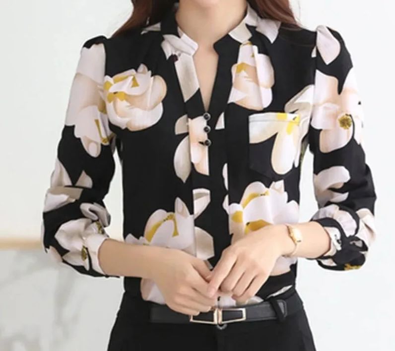 Blusa feminina chiffon estampada, manga longa, decote em V, modelagem slim