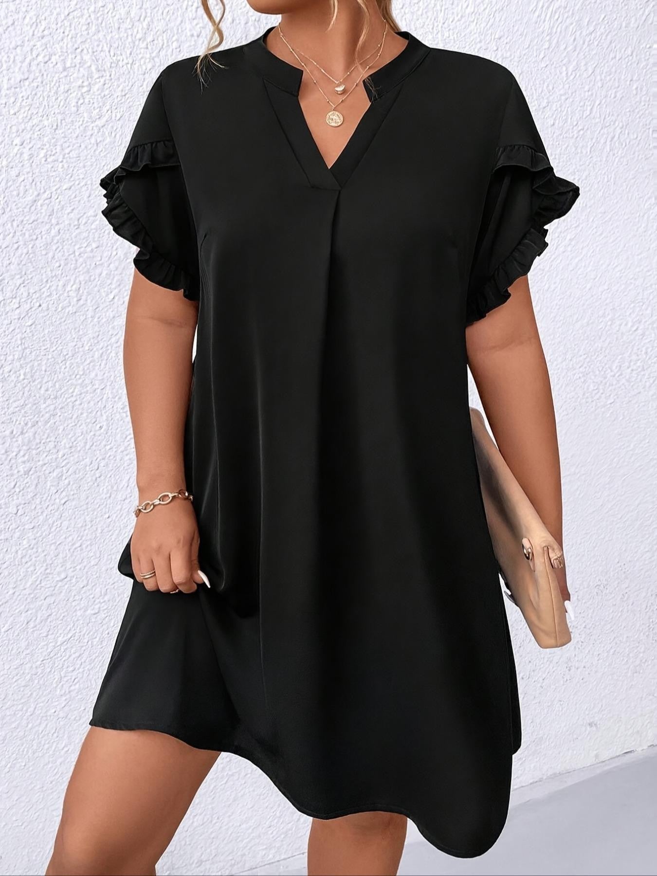 Vestido Solto com Decote V e Manga Folha de Lótus