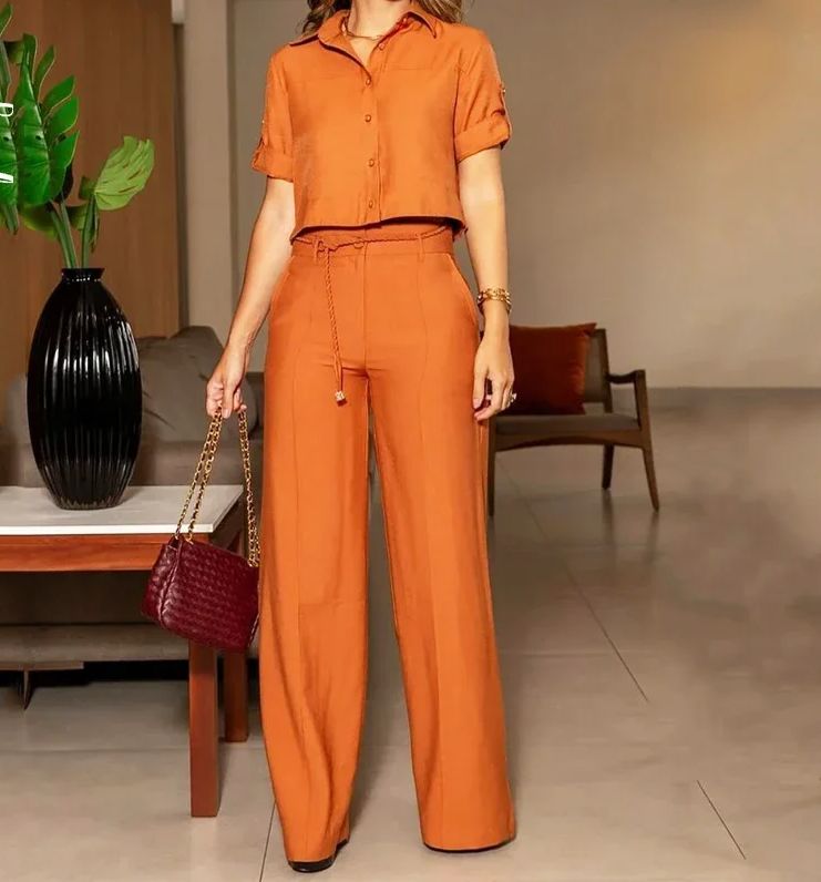 Conjunto 2 Peças Camisa de Botão com Cinto e Calça Pantalona