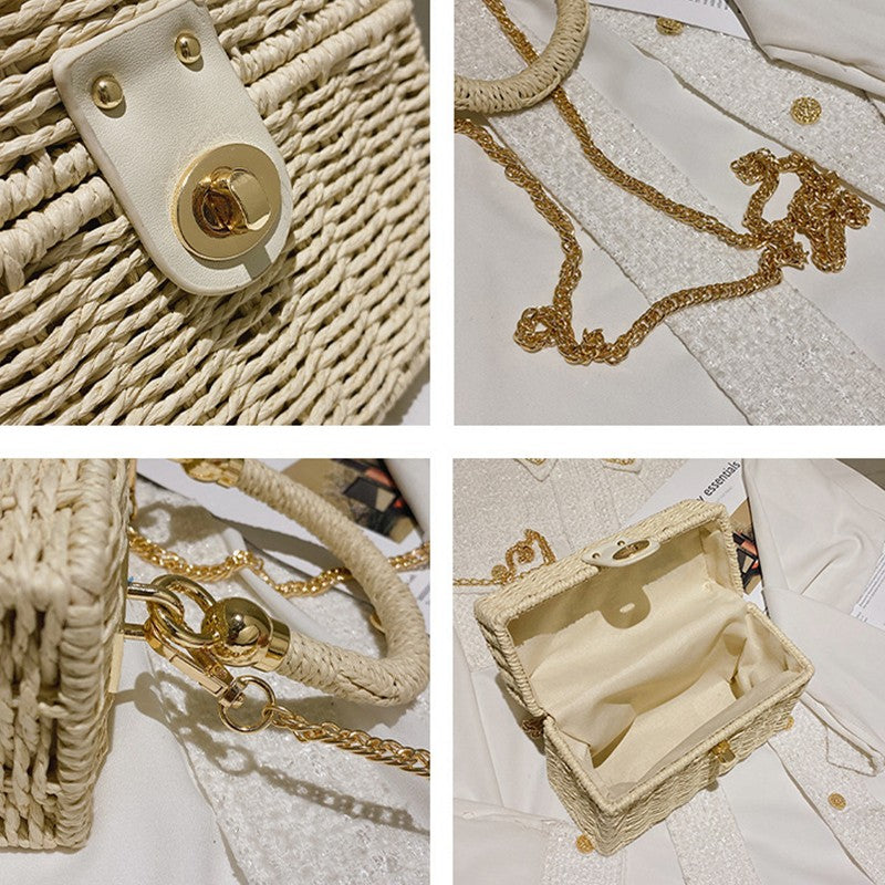 Bolsa feminina pequena estilo caixa, em palha e rattan trançado, com alça