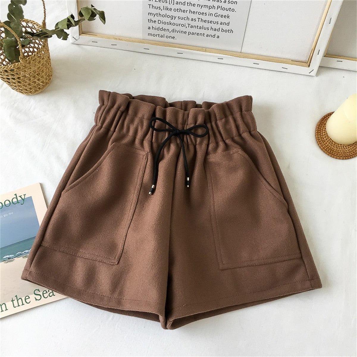 Short de lã feminino, cintura alta
