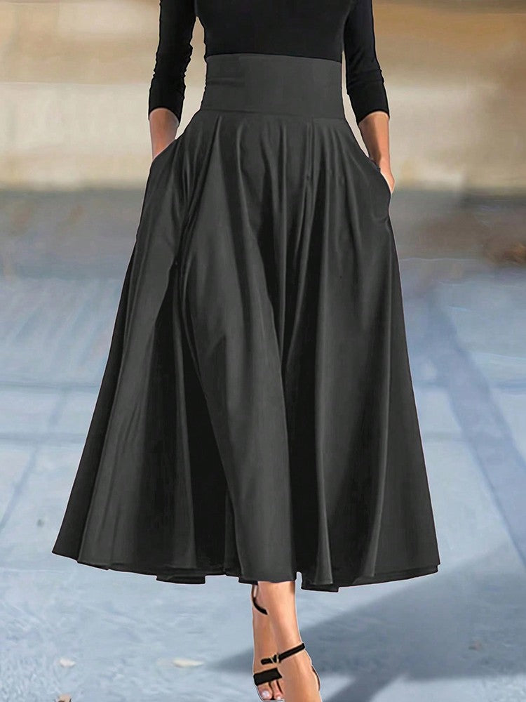 Saia longa feminina de cintura alta, elástica, com detalhe de laço