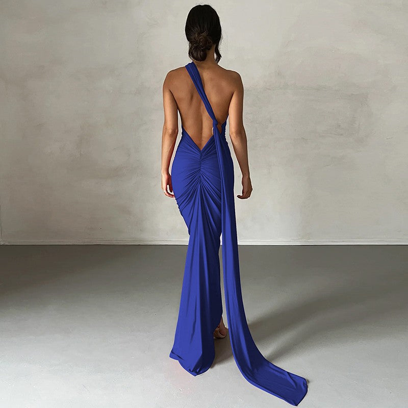 Vestido Longo Um Ombro com Laço Ajustável