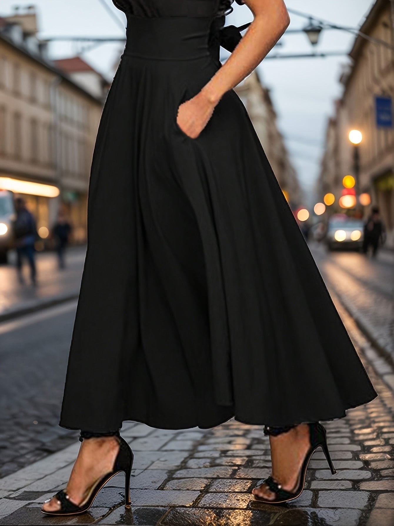 Saia longa feminina de cintura alta, elástica, com detalhe de laço