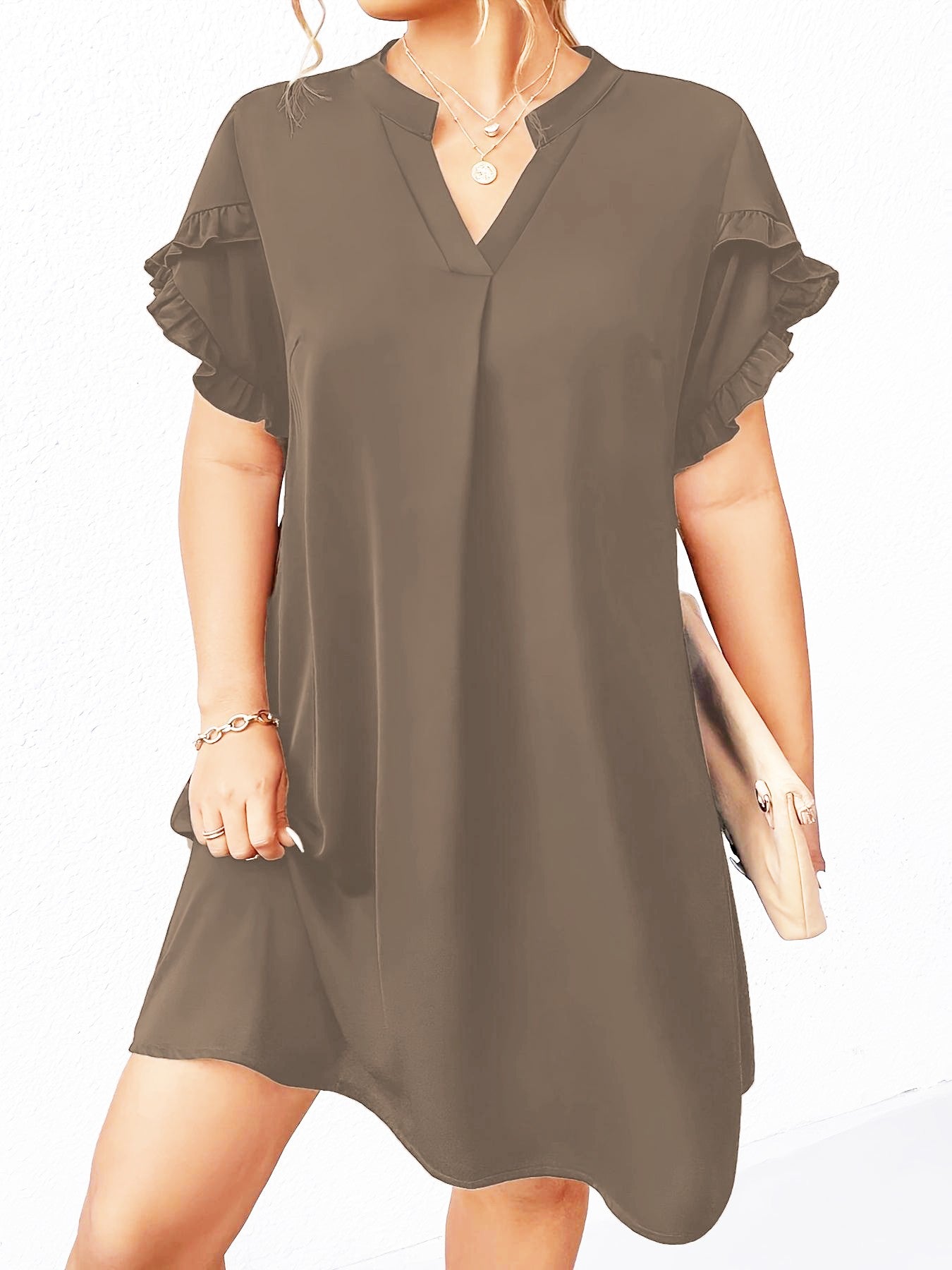 Vestido Solto com Decote V e Manga Folha de Lótus