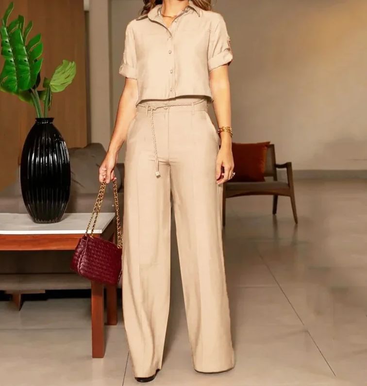 Conjunto 2 Peças Camisa de Botão com Cinto e Calça Pantalona