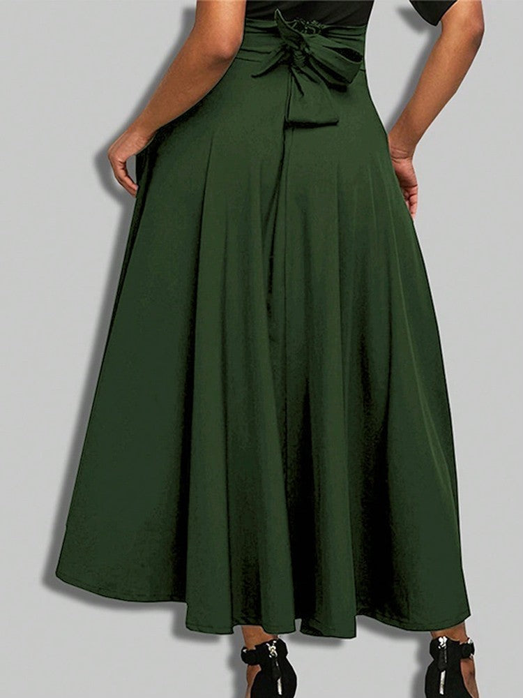 Saia longa feminina de cintura alta, elástica, com detalhe de laço